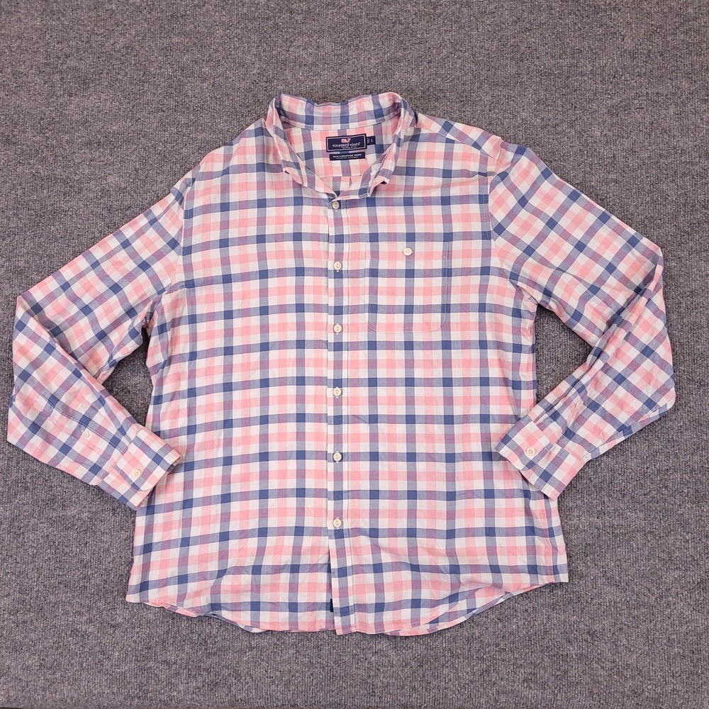 Vineyard Vines Slim Longshore Shirt Mens L Pink Blue Plaid Cotton Stretch